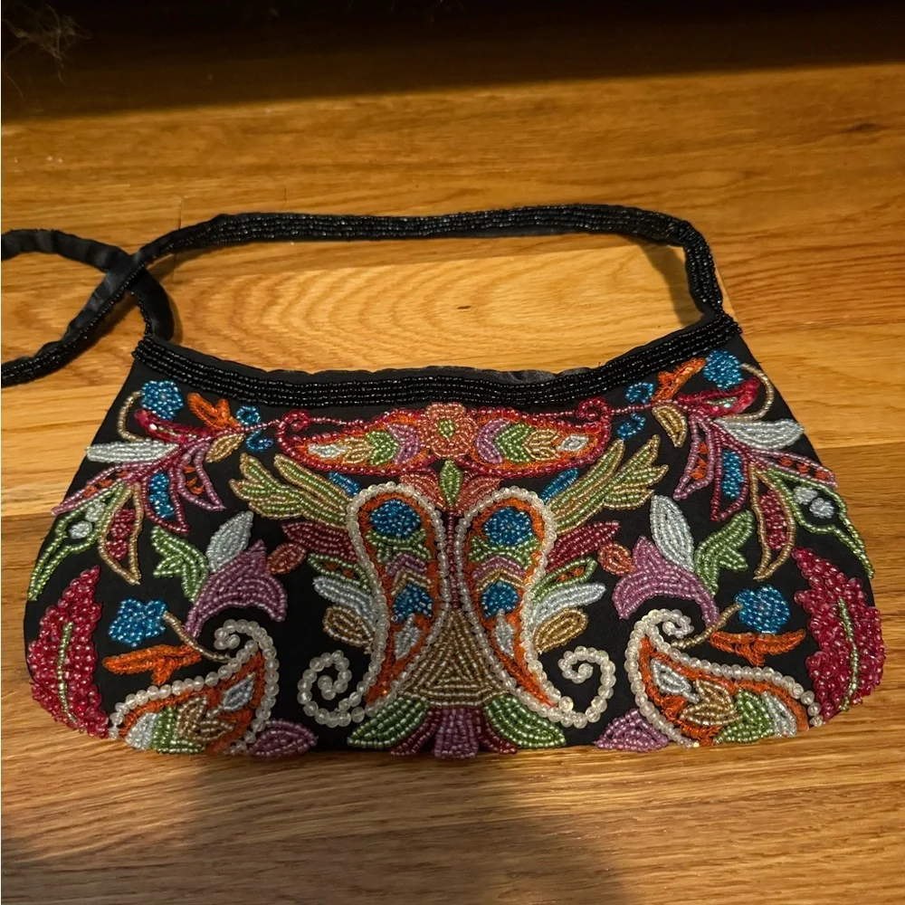 Vintage Express Embroidered Beaded Black‎ Evening Shoulder Bag